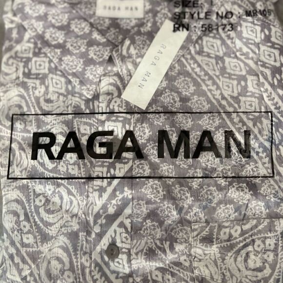 Raga Man Steven Button Down SS, Boho Style Shirt, Gray and Cream. Large. NWT! - Picture 3 of 7